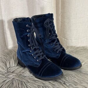 Women's Blue Velvet Lace-Up Boots